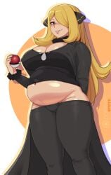 bbw belly_overhang big_belly big_female blonde_hair blush blush chubby chubby_female cynthia_(pokemon) embarrassed fat fat_ass fat_female fat_fetish fat_girl fat_woman fatty kipteitei large_female long_hair obese obese_female overweight overweight_female pig plump pokeball pokemon pokemon_dppt pork_chop pudgy_belly thick_thighs tight_clothes tight_clothing tight_fit tubby weight_gain