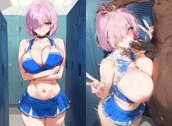 ai_generated arms_crossed big_breasts breasts cheerleader comprehentai dark-skinned_male fate_(series) grabbing_head instant_loss_2koma large_breasts mash_kyrielight mind_break miniskirt navel nipples peace_sign pink_hair purple_eyes rape short_hair skirt tagme throat_fuck