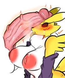 anthro badassbaal bandai_namco big_breasts big_penis blush breasts canid canine digimon digimon_(species) female fur hi_res huge_cock human humanoid_penis male male_human/female_anthro male_human/female_digimon mammal nipples nude penis penis_on_face renamon solo_focus straight white_body white_fur yellow_body yellow_fur