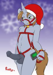 1boy 2019 anthro bondage bound bridle christmas clothing crossover equid erection fallout_equestria furry hat headgear headwear holidays horn littlepip male malesub mammal medial_ring my_little_pony nude original_character punk-pegasus rule_63 santa_hat standing text unicorn watermark wide_hips