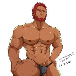 balls bara beard beefy bulge daddy facial_hair fate_(series) flaccid hanamuransfw iskandar_(fate) male male_only manly muscles muscular penis solo solo_male thong underwear