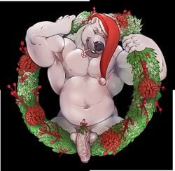 2019 anthro balls biceps big_muscles black_nose burrserk candy candy_cane christmas clothing flaccid food foreskin fur hat hat_only headgear headwear holidays huge_muscles humanoid_penis kissing_bough looking_at_viewer male male_only mammal mistletoe mostly_nude muscular muscular_male pecs penis plant polar_bear santa_hat solo stubble triceps ursid ursine vein veiny_penis white_body white_fur wreath