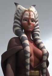 ai_generated alien alien_girl cleavage clone_wars duchess_eugene face_markings face_paint facial_markings partially_clothed portrait red_body robe robes shaak_ti star_wars togruta upper_body