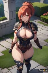 1girls ai_generated armor armored_boots armored_gloves full_body garden huge_ass large_breasts muscular_female ponytail pornx.ai red_hair round_ass standing straight_hair thick_thighs white_skin white_skinned_female