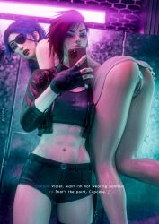 2girls 3d 3d_(artwork) abs arcane arcane_caitlyn arcane_vi ass blender blender_(artwork) blender_(software) blender_cycles blue_eyes bottomless bottomless_female buttplug caitlyn_kiramman carrying carrying_partner crop_top dress dress_lift exhibitionism eyepatch female female_only fingerless_gloves fit fit_female jacket kenjjoo league_of_legends open_mouth purple_hair pussy pussy_juice red_hair riot_games self_upload selfie short_shorts smile smiling sweat sweaty sweaty_ass sweaty_body vi yuri