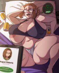 1girls 2024 areola areolae august_roberts axis_powers_hetalia bed beer big_areola big_areolae big_breasts blackwhiplash dialogue english_text female hi_res high_resolution highres huge_breasts in_bed kaii_to_otome_to_kamikakushi killing_stalking large_breasts look-alike massive_breasts nipple_slip overflowing_breasts poll_winner pov sumireko_ogawa tagme text voluptuous voluptuous_female