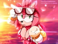 1girls amy_rose ass beach big_breasts bikini bikini_top breasts bytesduh cleavage color colored female female_only fullmetalsketch gloves hedgehog hedgehog_girl ice_cream lens_flare light-skinned_female light_skin line_art looking_at_viewer pink_fur solo solo_female solo_focus sonic_(series) sonic_the_hedgehog_(series) standing sunglasses sunglasses_on_head swimsuit swimwear tagme