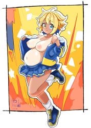 1girl ahoge big_belly blonde_hair blue_eyes blue_skirt breasts full_body heterochromia heyheidi jacket large_breasts looking_at_viewer navel nipples one-piece_tan open_clothes original_character pregnant shoes short_hair skirt smile socks solo tan tanlines white_socks yellow_eyes