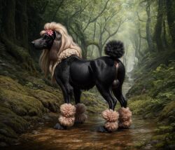 accessory ai_generated amber_eyes ankle_tuft anus ass balls black_balls black_body black_fur black_nose black_perineum blonde_hair blp canid canine canis creek day detailed detailed_background detailed_fur domestic_dog feral floppy_ears flower flower_in_hair forest fur genitals glossy_fur grass hair hair_accessory hi_res leg_tuft light lighting long_hair male mammal moss multicolored_body multicolored_fur neck_tuft outside perineum pink_anus pink_body pink_fur plant poodle presenting presenting_hindquarters quadruped realistic rock short_tail shrub side_view slim smile solo standing standing_in_water sunlight tree tuft wide_hips