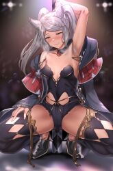 1girls armpit_hair bodysuit grey_armpit_hair grey_hair one_arm_up thighhighs