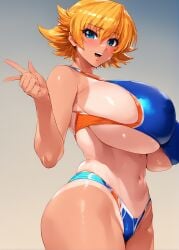 ai_generated big_breasts bikini bikini_top blue_eyes blush breasts breasts_bigger_than_head dark-skinned_female gigantic_breasts girl hi_res high_resolution highres hollowbeak huge_breasts igawa_sakura looking_at_viewer multi_digit multi_finger oiled orange_hair shiny shiny_skin short_hair sweat sweatdrop sweating sweaty swimsuit swimwear taimanin_(series) taimanin_asagi tan_body tan_lines tan_skin tanline tanlines