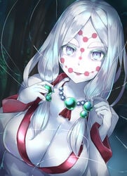 big_breasts cleavage demon_girl demon_slayer facial_markings female female_only hair_ornament kie_(yospcd) kimetsu_no_yaiba kimono looking_at_viewer milf mother_spider_demon necklace silver_eyes silver_hair solo thick_eyebrows upper_body white_skin