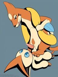 ambiguous_gender balls blush bodily_fluids carpetwurm conditional_dnp floatzel furry gay genital_fluids larger_male legendary_pokémon male male/ambiguous nintendo penis pinned pokémon_(species) pokemon precum size_difference stepping victini video_games