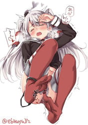 amatsukaze_(kantai_collection) ass black_panties blush breasts brown_dress censored closed_eyes dress ebifurya female garter_straps gloves hair_between_eyes hair_tubes hat heavy_breathing highres kantai_collection long_hair lying mini_hat on_back open_mouth panties panty_pull pussy pussy_juice red_legwear sailor_dress saliva saliva_trail short_dress silver_hair simple_background single_glove small_breasts solo striped striped_legwear tears thighhighs twitter_username two_side_up underwear white_background windsock