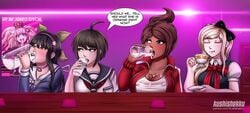 4girls asahina_aoi big_breasts black_hair blonde_hair brown_hair chabashira_tenko comic cum_drinking cum_in_container cum_on_breasts cum_on_face cup danganronpa danganronpa_2:_goodbye_despair danganronpa_ultra_despair_girls danganronpa_v3 drinking drinking_cum english_text female female_only gokkun gyaru human junko_enoshima kushishekku multiple_girls naegi_komaru nipples_visible_through_clothing sonia_nevermind straight_hair teacup text