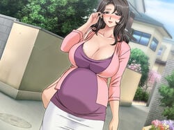 1girls 4:3_aspect_ratio artist_cg big_belly blush bra breast_rest breasts cg_art chikashitsu cleavage clothed curvaceous dress eye_contact female female_only gaden half-closed_eyes hand_on_ear huge_breasts light-skinned lipstick long_hair long_sleeves looking_at_viewer makeup mature mature_woman milf mole mother pregnant purple_shirt ready_to_pop red_lipstick shirt smile solo thick_thighs thighs underwear white_bra white_dress white_underwear wide_hips