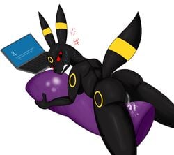 anthro bodily_fluids breasts computer eeveelution female furry genital_fluids hi_res masturbation nintendo orgasm_denial pillow pokémon_(species) pokemon pokemorph pussy pussy_juice rorrek simple_background sweat umbreon video_games