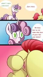 anon_1515 anus apple_bloom_(mlp) ass bodily_fluids comic dialogue duo equid female feral friendship_is_magic genital_fluids horn mammal my_little_pony pussy pussy_juice raised_tail sweetie_belle_(mlp) unicorn young yuri