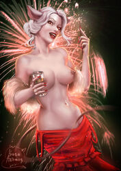 animal_ears breasts breasts_out dress_pull female_only fireworks ivana_anemon new_year original_character pinup sparkler topless white_hair