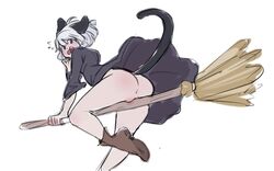 1girls anus ass blue_eyes broom_riding broomstick cat_ears cat_tail catgirl dress_lift embarrassed female keke keke_(kirby) kirby_(series) looking_back pussy sharp_teeth silver_hair unknown_artist white_background