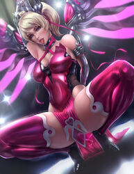 1girls alternate_costume armpits bare_shoulders belly big_breasts blonde_hair bodysuit breasts cameltoe cleavage crown female female_only gloves high_heels high_resolution highres latex limgae looking_at_viewer mercy navel open_mouth overwatch pink_mercy saliva shiny shiny_suit smile solo spread_legs squatting thick_thighs thighhighs tongue tongue_out url watermark wide_hips wings