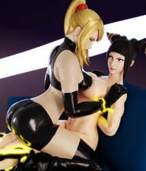 3d adapted_costume adeptusinfinitus alternate_costume ass blender boots breast_squeeze breasts domination elbow_gloves gloves high_heels hotpants juri_han kneeling latex latex_gloves metroid nintendo nude samus_aran shoes street_fighter thighhighs tied yuri