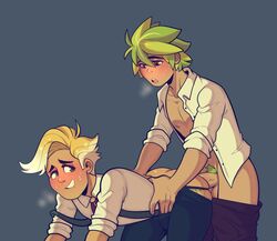 2boys anal_sex ass balls blonde_hair blush brown_eyes cookie_run duo gay green_hair gross_piggy herb_cookie male pants_down penis pubic_hair smile sparkling_cookie suspenders yaoi