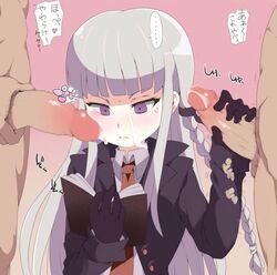 1girls 2boys angry blush bored cheek_poke cum_on_face danganronpa danganronpa:_trigger_happy_havoc danganronpa_(series) danganronpa_1 emotionless female gloved_handjob gloves handjob japanese_text kirigiri_kyouko leaking_cum light-skinned_female light-skinned_male light_skin male/female mmf_threesome multitasking penis penis_grab penis_milking penis_on_cheek penis_on_face penis_poking_cheek pubic_hair reading reading_book smooth_skin straight threesome translated uninterested veiny_penis