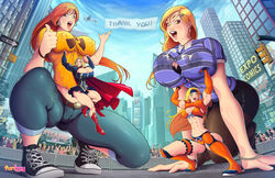 breasts busty cleavage crowd female_only funboy giantess huge_breasts lactating lactating_through_clothing lactation lactation_through_clothes lactation_without_expressing lifting_breasts milk minigirl muscular_female nipple_bulge nipples_visible_through_clothing original_characters public shrinking squatting superheroine voluptuous