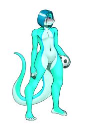 andromorph anthro ball blue_hair blush cuntboy furball gecko genitals hair hi_res intersex jordan_(furball) lizard markings nude purple_eyes pussy reptile scalie soccer_ball solo