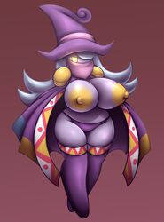 1girls anthro areolae blue_hair breasts drawcia female glowing_eyes kirby_(series) large_breasts metachoke nipples panties purple_skin thighhighs witch witch_hat yellow_eyes