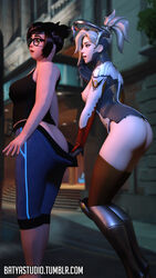 3d ass_cleavage assisted_exposure batyastudio breasts butt_crack exposed_ass exposed_breasts exposed_butt eyewear glasses mei_(overwatch) mei_ling_zhou mercy nipples overwatch thighhighs