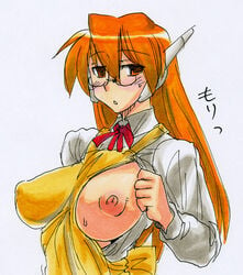 blush breast_slip breasts clothing erect_nipples erect_nipples_under_clothes glasses hair kikuta large_breasts long_hair nipples one_breast_out orange_hair robot_ears serio_(to_heart) to_heart to_heart_(series) translation_request