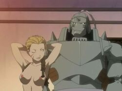 alphonse_elric armor breasts color edit female front_view fullmetal_alchemist hands_behind_head male martel nipples nude photoshop tagme wink