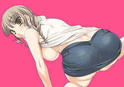 breasts brown_eyes brown_hair kimi_kiss looking_back miniskirt mizusawa_mao mouth_hold no_bra skirt wallpaper