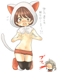 :3 animal_ears arc arc_(ff3) blood blush bow brown_eyes brown_hair cat_ears cat_hood cathood chibi chibi_inset devout final_fantasy final_fantasy_iii flat_chest freckles grey_hair hood hoshino luneth multiple_boys nipples nosebleed open_mouth puffy_cheeks ribs stockings tail thighhighs topless translation_request trap