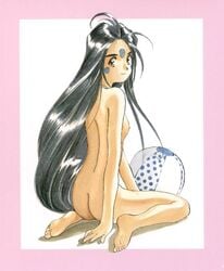 1girls artist_request ass ball beach_ball black_hair breasts female flat_chest goddess hair long_hair markings nude oh_my_goddess! pale-skinned_female pale_skin skuld smile very_long_hair