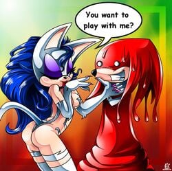 anthro ass bat cosplay crossover darkstalkers echidna felicia female fur interspecies knuckles_the_echidna male mammal monotreme nancher oh_no!! rouge_the_bat small_breasts sonic_(series) sonic_the_hedgehog_(series) straight_hair tagme text