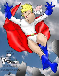 00s 1girls 2000s accidental_exposure adam_hughes areolae areolae_peeking areolae_slip blonde blonde_hair blue_boots blue_eyes boob_window boots breast breasts cape colored dc dc_comics female female_only kara_zor-l karen_starr leotaard power_girl red_cape solo superheroine tagme wardrobe_malfunction