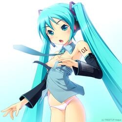 aqua_hair bottomless breasts cameltoe detached_sleeves hatsune_miku headphones long_twintails lowleg lowleg_panties microphone munashi_mujou necktie nipples no_pants panties tied_hair treetop_helper twintails underwear vocaloid wardrobe_malfunction