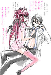 2boys black_butler black_hair glasses grell_sutcliff high_heels kuroshitsuji long_hair nurse open_clothes open_shirt red_hair sebastian_michaelis shoes short_hair thighhighs translation_request