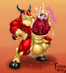 anthro balls big_balls big_penis blush bovine bulge bull canine cattle clenched_teeth cock_vore cum cum_on_body cum_on_penis ejaculation fur furry hooves horns huge_balls hungothenomster male male_only muscles muscular orgasm penis penis_vore size_difference uncensored vore wolf