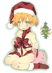 bad_censor censored christmas covered_nipples covering covering_crotch female female_only footwear green_eyes gym_leader hat highres human human_only kasumi_(pokemon) nude oomuro orange_hair pokemon ribbon simple_background sitting socks solo white_background