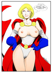 1girls areolae athletic bare_legs big_breasts blonde_hair blue_eyes breasts breasts_out busty cleavage cleavage_cutout dc dc_comics female female_focus female_only fit fit_female g.w._fisher hourglass_figure kara_zor-l karen_starr large_breasts leotard nipples pinup pose posing power_girl powerbook125 short_hair solo speech_bubble standing tagme wide_hips