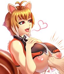 animal_ears blazblue breasts brown_hair clothes cum ejaculation huge_breasts large_breasts makoto_nanaya nipple_slip nipples paizuri perpendicular_paizuri red_eyes short_hair sowilo tail underboob