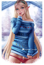 1girls blonde blonde_hair blue_eyes bow_panties breath_of_the_wild christmas_sweater demigoddess female female_only hylian looking_at_viewer nintendo olchas panties panties_down princess_zelda red_panties small_panties solo sweater the_legend_of_zelda zelda_(breath_of_the_wild)