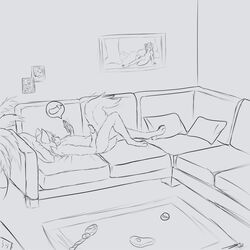 2019 canid canine carpet digital_media_(artwork) eggplant eggplant_emoji fennec food fox fruit fur furniture living_room lying male mammal masturbation penis pet's_toys phone pictures piece_of_art pillow plant sa-chat signature sketch sofa solo