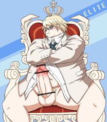 1boy big_penis blonde_hair censor_bar danganronpa danganronpa_2:_goodbye_despair erection fat gay glasses half-dressed looking_at_viewer male_only penis pubic_hair smooth_skin solo thick_penis throne ultimate_imposter veiny_penis