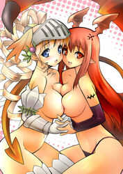 2girls armor athena_(lord_of_vermilion) blonde_hair blue_eyes blush bottle cute_fang demon_girl drill_hair female gloves headwings helmet holding_hands long_gloves long_hair lord_of_vermilion multiple_girls pointy_ears qnakamura red_eyes red_hair saliva_trail succubus succubus_(lord_of_vermilion) tattoo topless yuri