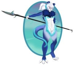 2019 angry anthro auroralumbule blue_body blue_fur blue_hair breasts canid canine claws clitoris dorukolorukalai eyebrows female fur glaive glowing hair hi_res long_hair mammal markings meera_thufoi melee_weapon nude open_mouth pink_eyes polearm portal pussy solo teeth tongue weapon white_body white_fur